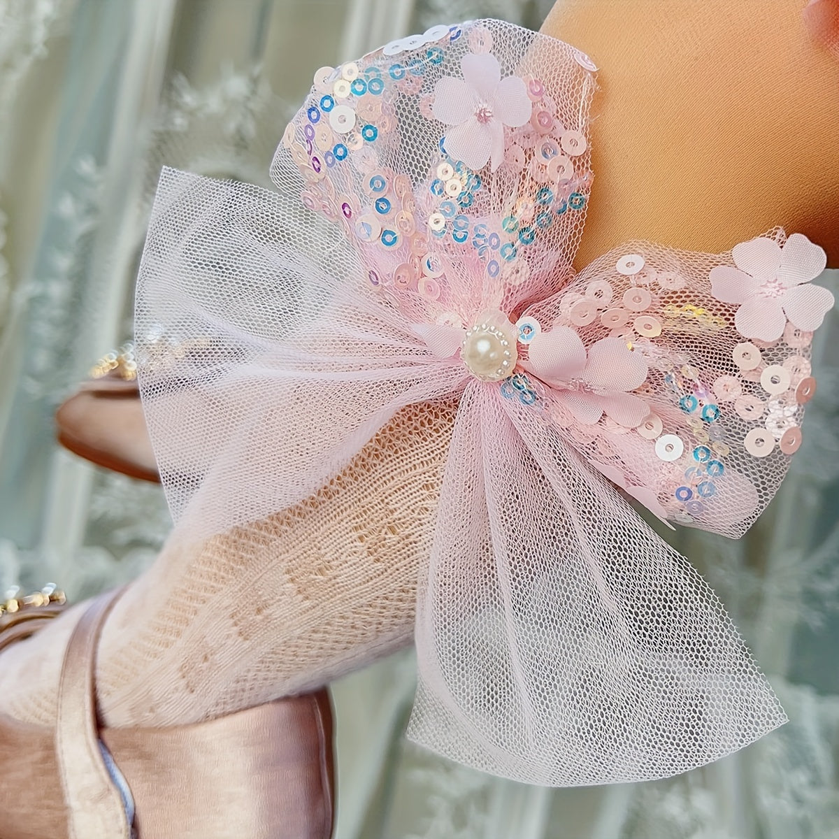 Girls' Mesh Socks with Flower Sequin Pearl Bow Solid Color All-Season