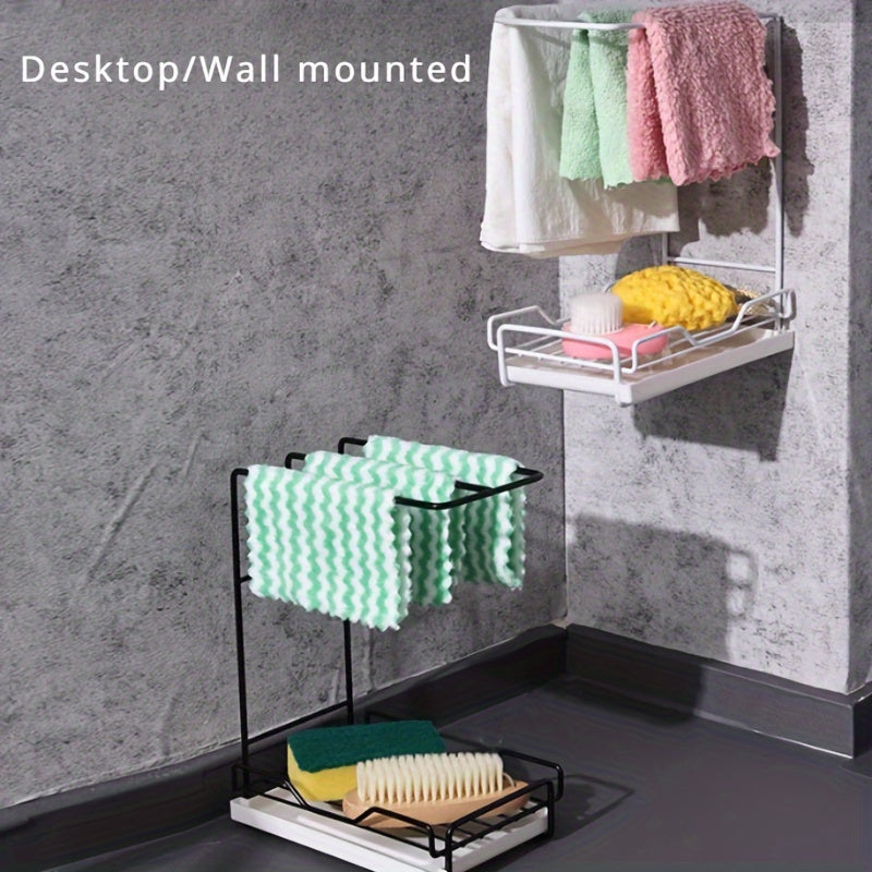 White Wall-Mounted Dishcloth Rack Kitchen Sink Shelf Towel Holder