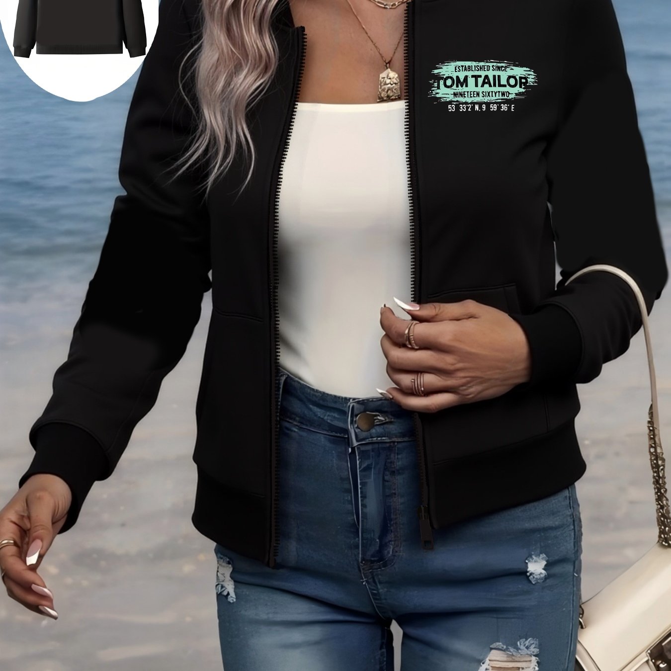 Plus Size Women's Bomber Jacket with Letter Print Black Green Contrast Zipper