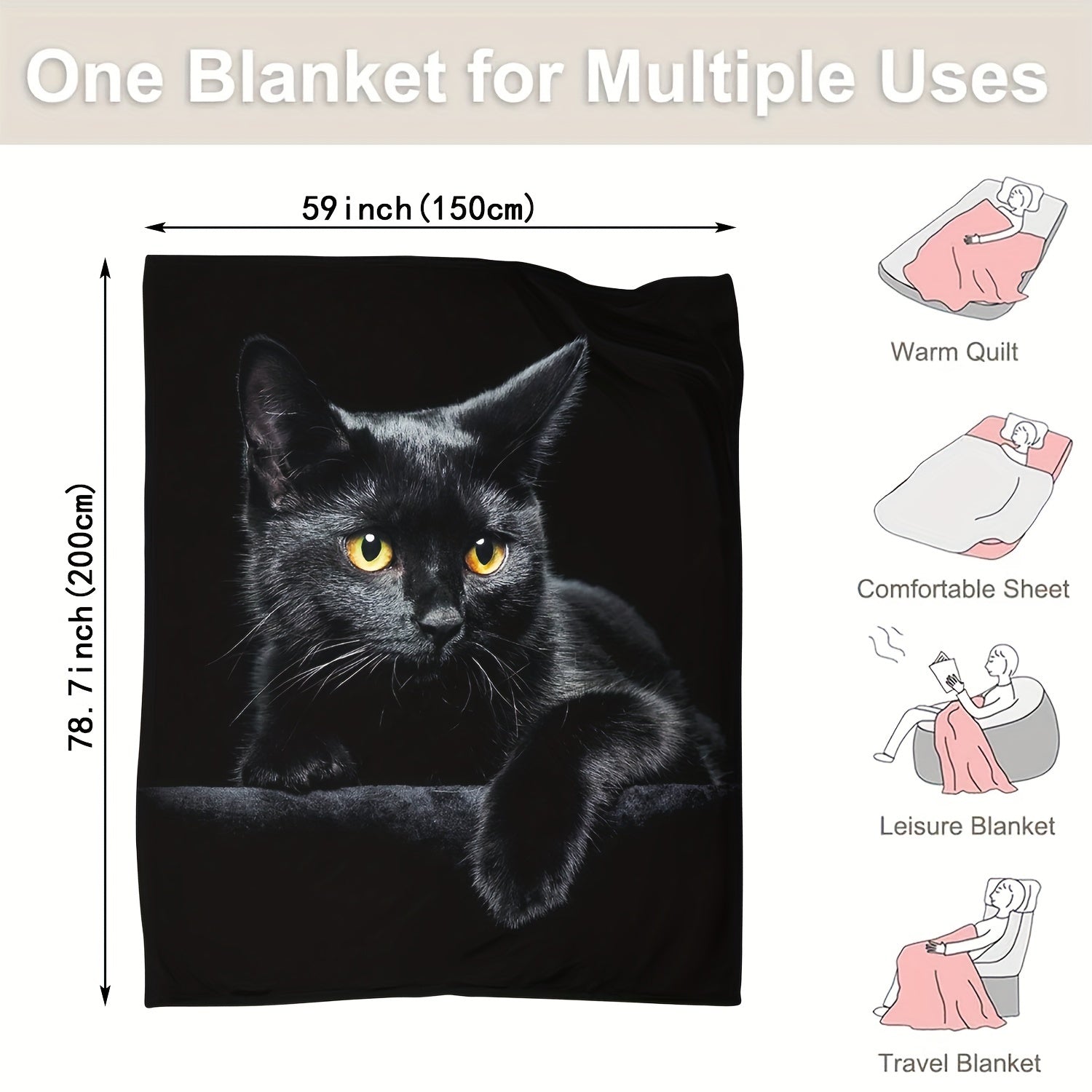 Black Cat Print Flannel Throw Blanket for Couch Bed Car Office Camping
