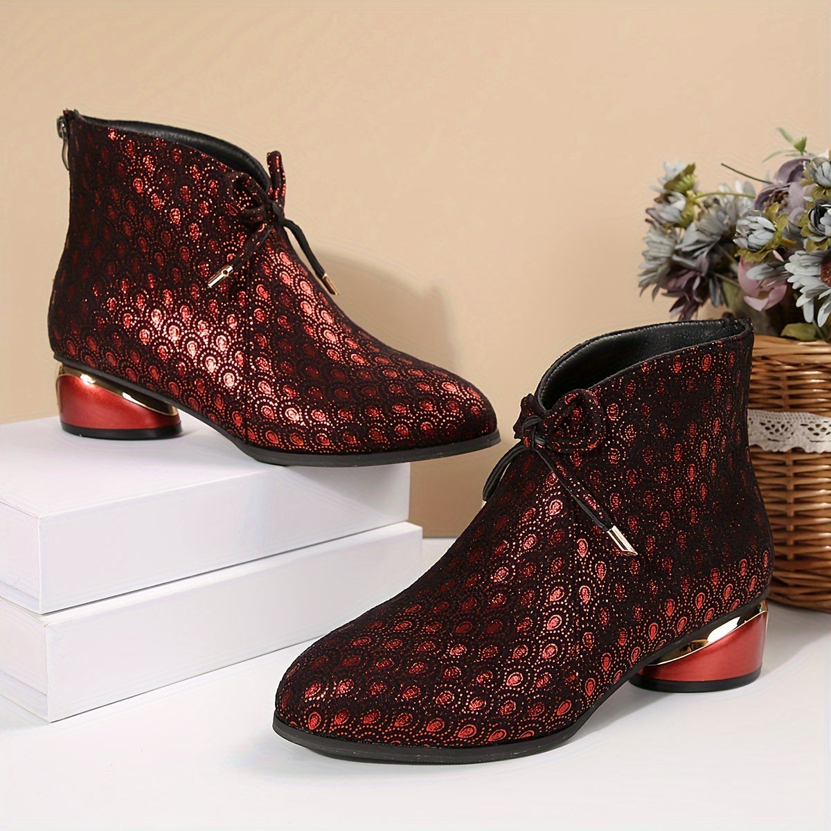 Women's Peacock Print Ankle Boots Chunky Heel Zipper Mid-Heel All-Season