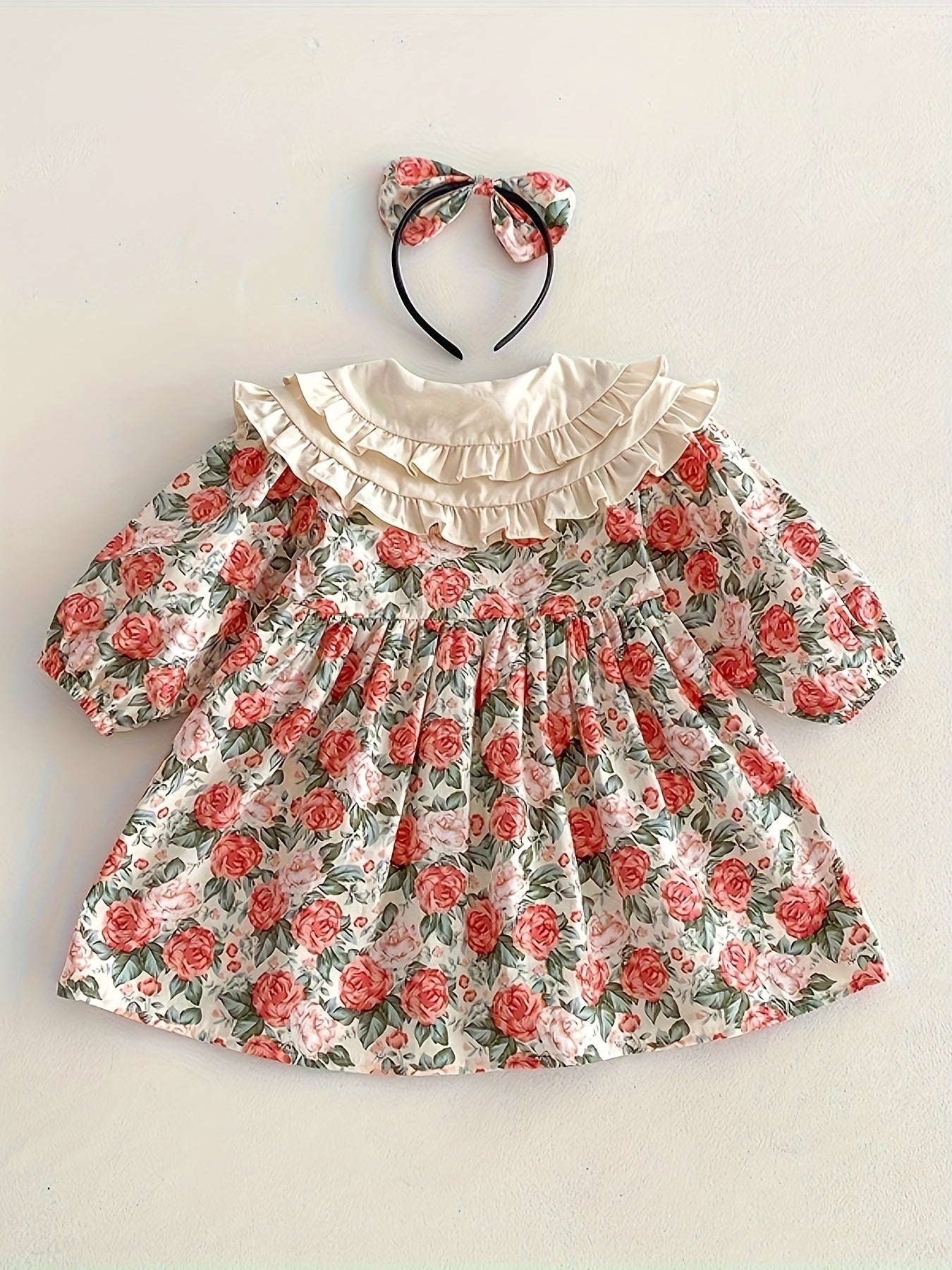 Girls Floral Cotton Dress with Ruffled Collar and Matching Headband for Newborns to Toddlers Spring Fall