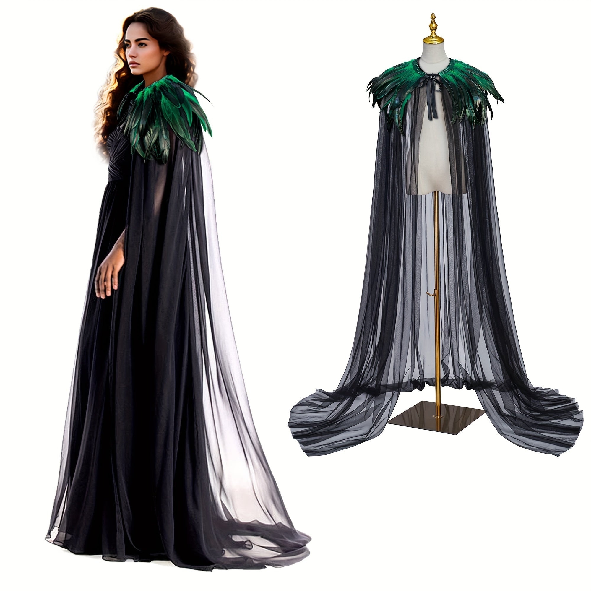 Evil Queen Witch Costume for Women with Feathered Cape Long Robe and Shawl
