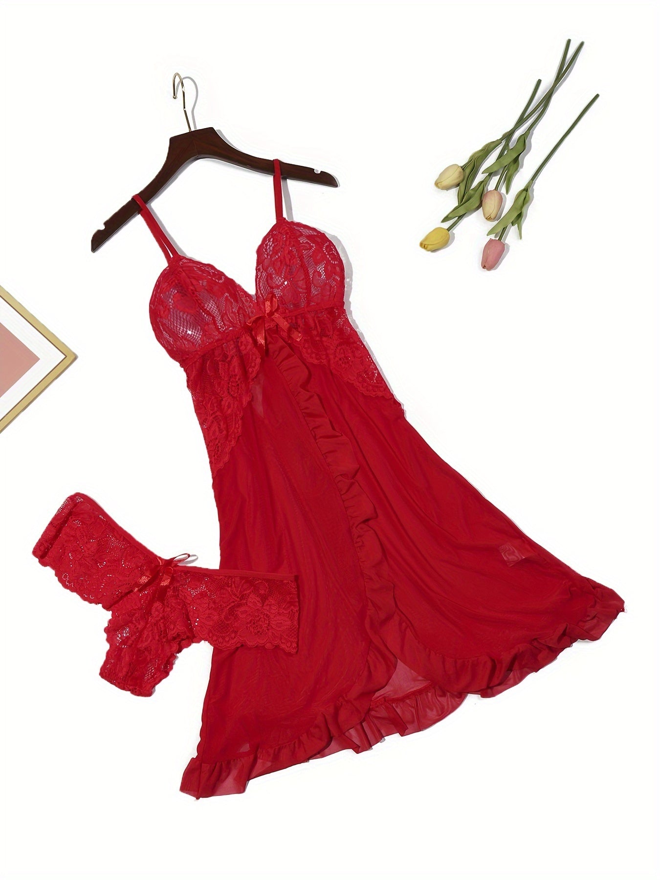 Women's Lace Trim Sleepwear Set with Deep V-Neck Slip Dress and Panty Lingerie