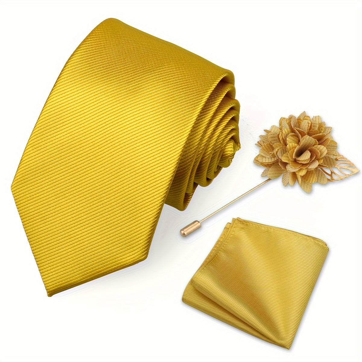 Men's Tie Set with Pocket Towel and Brooch, Classic Striped Plain Design