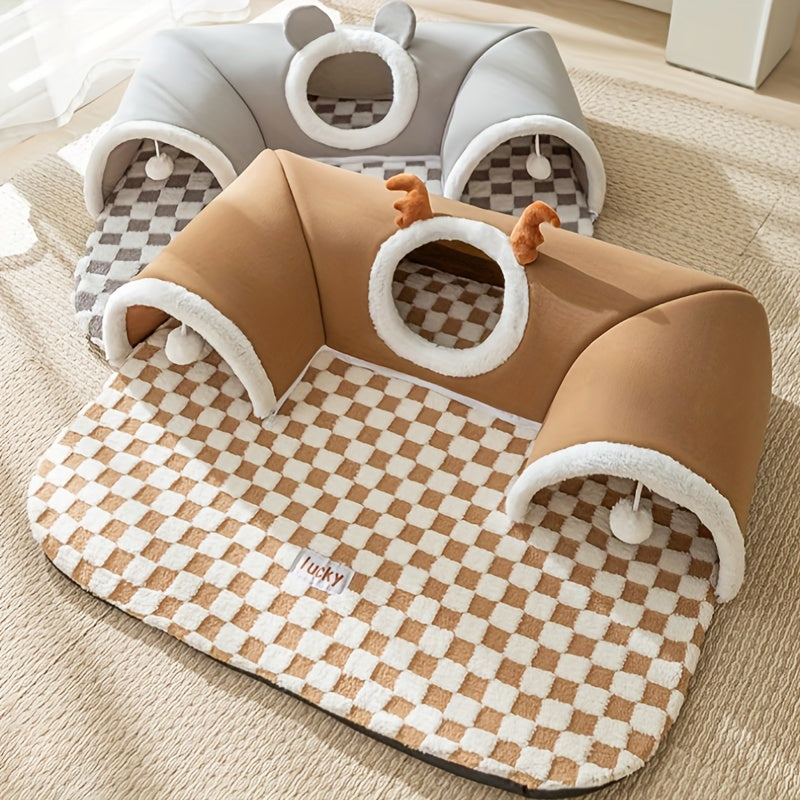 Plaid Reindeer Cat Tunnel and Bed for Holiday Play and Sleep