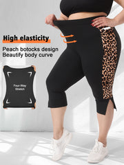 Plus Size High-Waisted 7/8 Leggings with Leopard Print Cuffed Ankle Slits