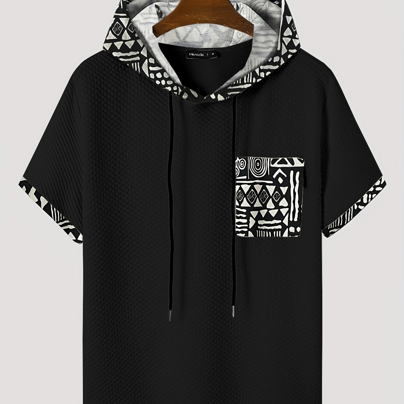 Men's Plus Size Casual Hooded T-Shirt with Geometric Print Lightweight Polyester Gray