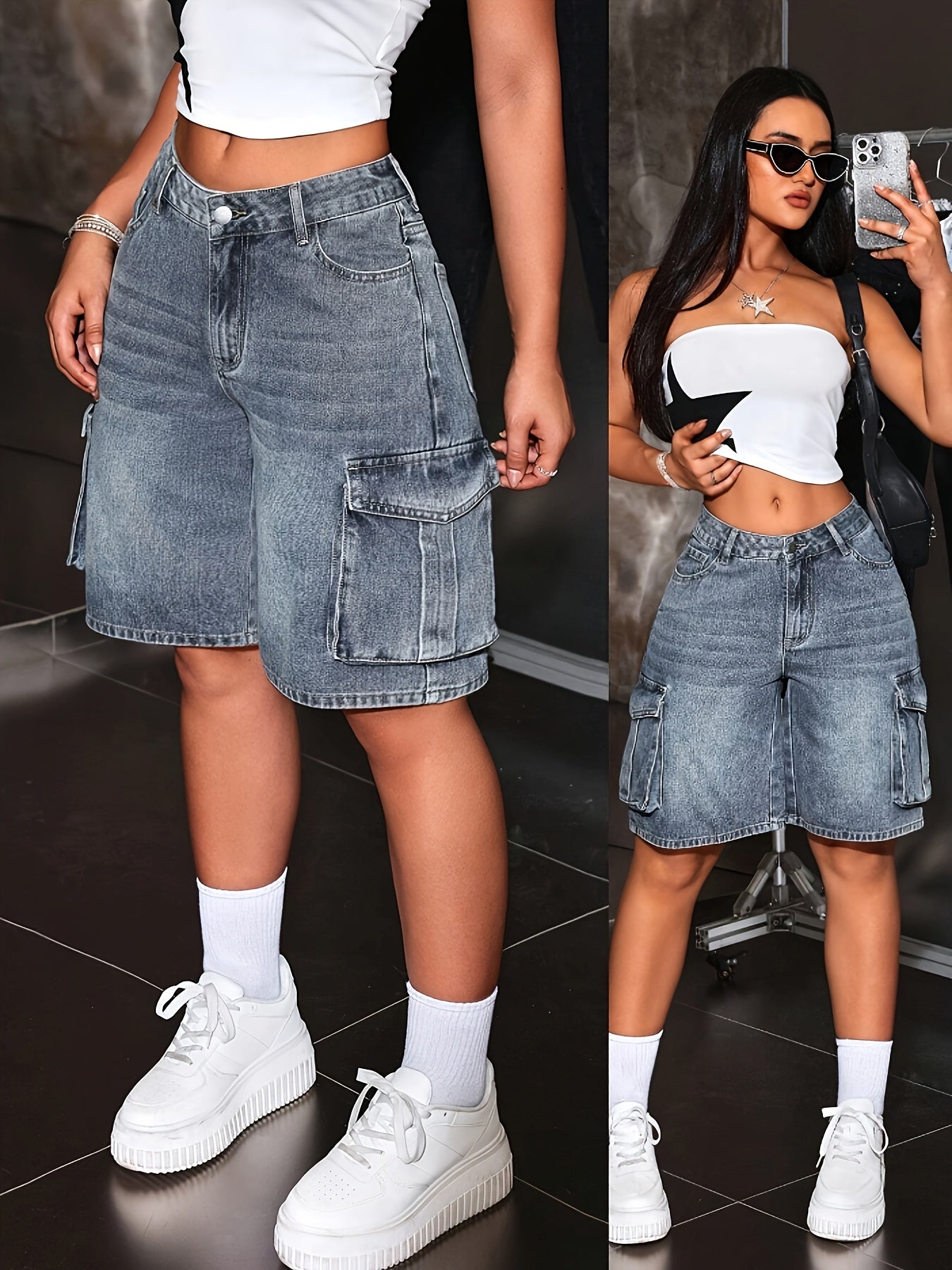 Plus Size Women's Denim Overalls Summer Casual Loose Waistband Multiple Pockets