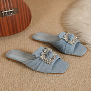 Women's Denim Slip-On Sandals with Rhinestones Square Toe Ankle Strap