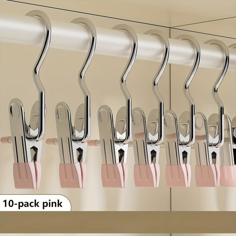 Set of 10 Stainless Steel Clothes Clips with Hooks for Hanging and Drying