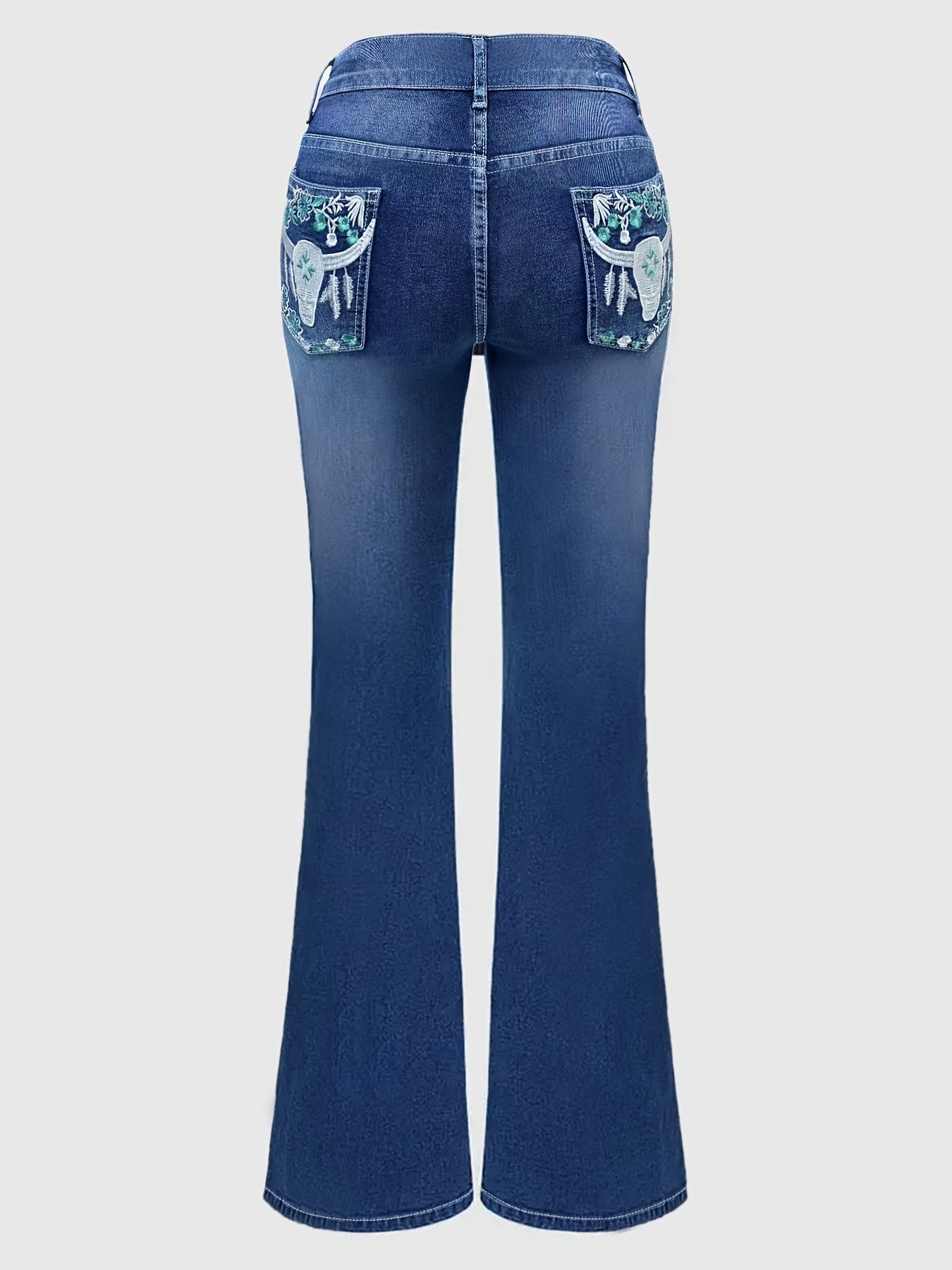 Women's High Stretch Denim Jeans Embroidered Cow Floral Flare Leg All-Season