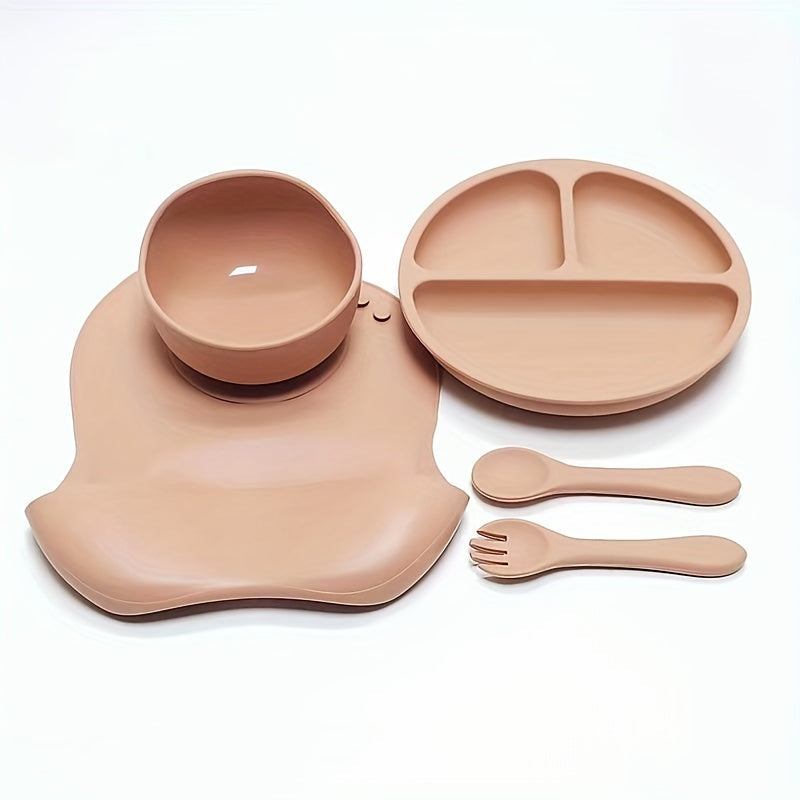 Juego de vajilla de silicona para niños con cuenco, plato dividido, cuchara, tenedor, babero impermeable