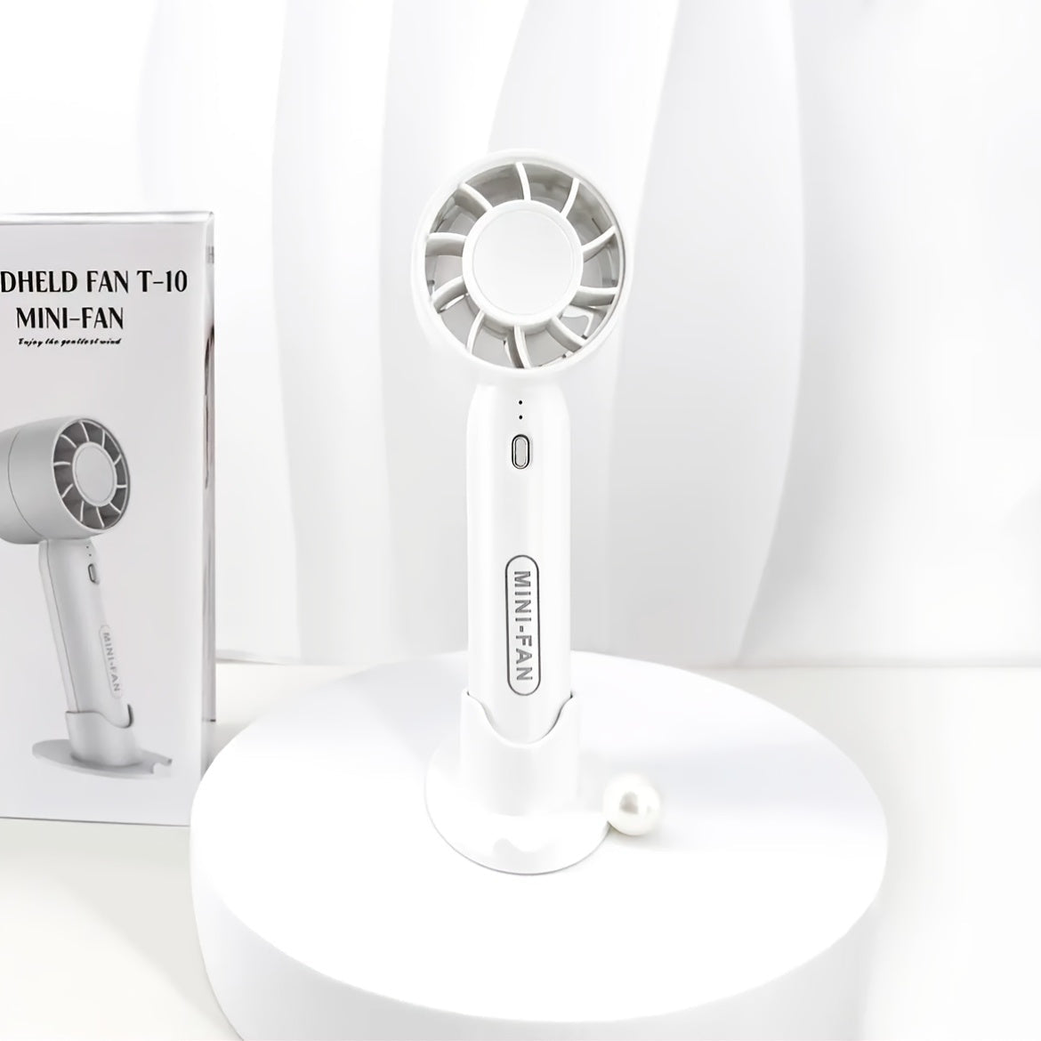 Portable USB Fan Small White Rechargeable with 3 Speed Settings and Stand