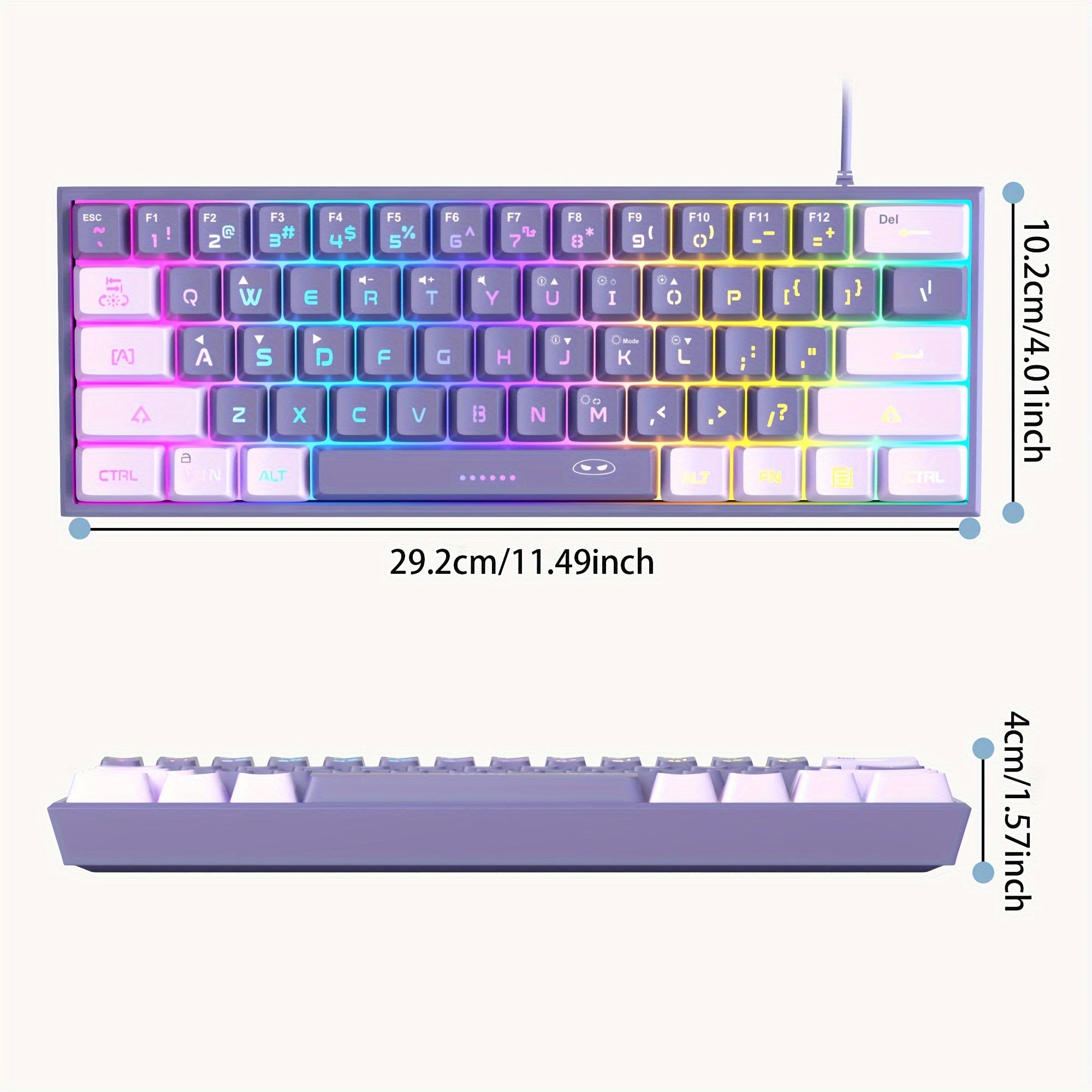 Compact 60% RGB Backlit Gaming Keyboard Violet with PBT Keycaps Ergonomic Design for PC MAC PS4