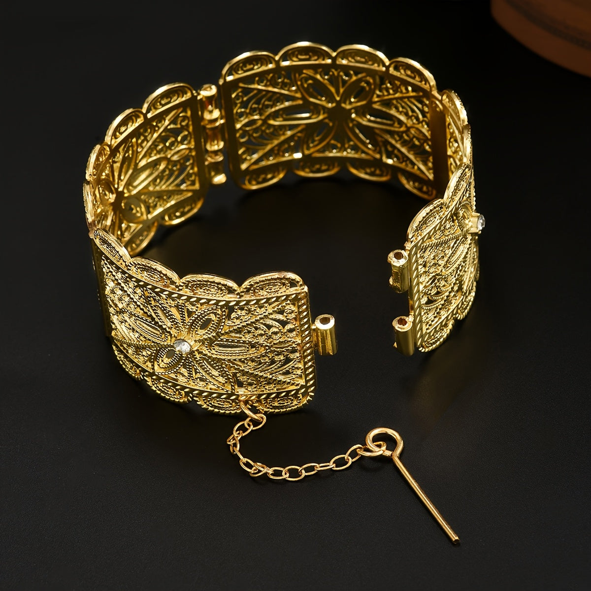 Gold-Tone Bridal Bangle with Floral Engraving Wide Design for Weddings and Special Occasions