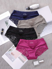 Set of 4 Women's Nylon Knit Mid Rise Panties with Solid Color and Lace Details