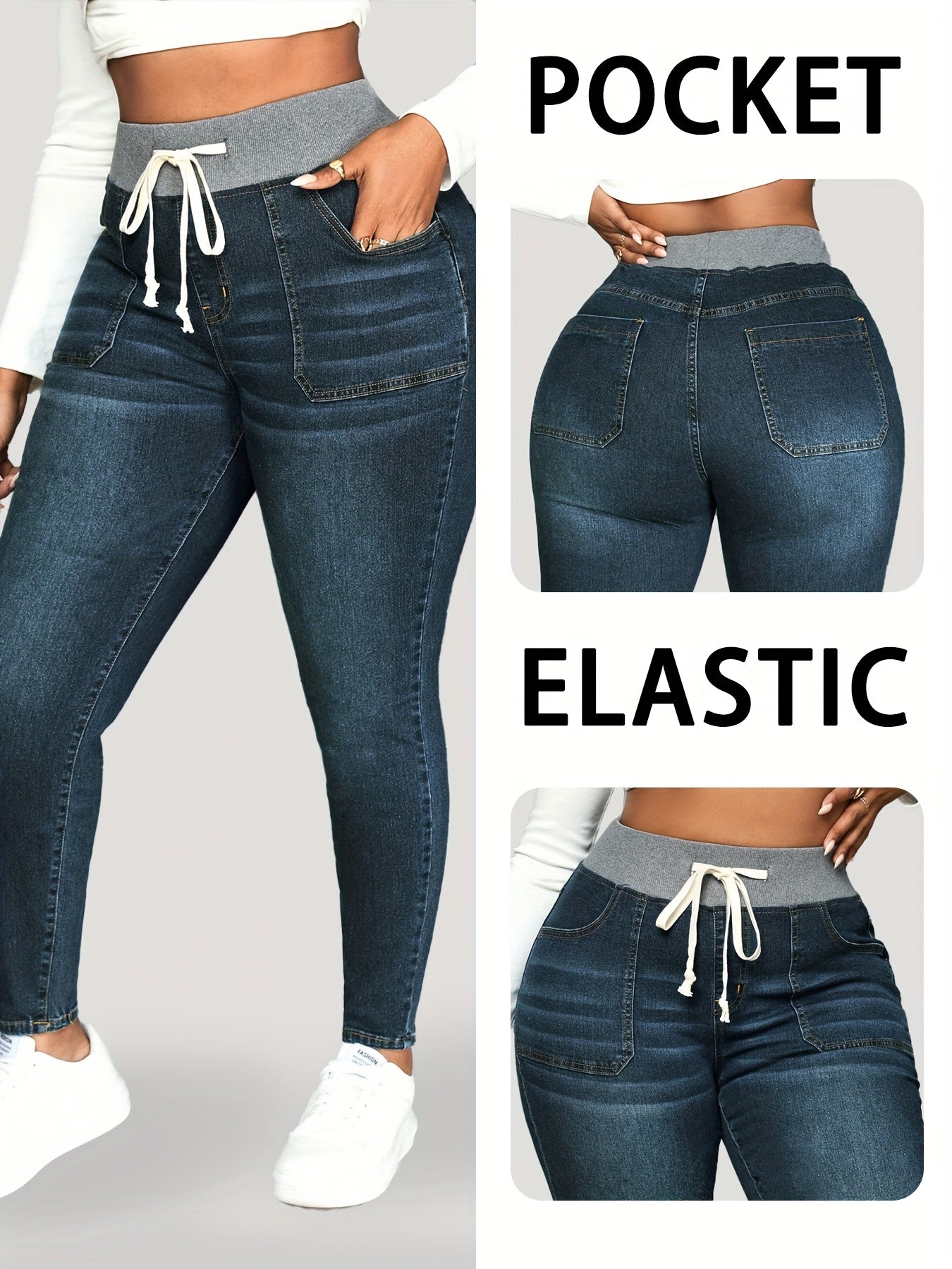 Ayollar uchun kengaytiriladigan denim jinsi slim fit yengil ko'k rangda, elastik bel bilan