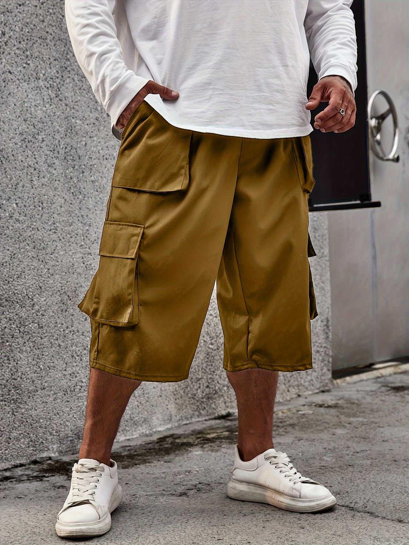Men's Plus Size Cargo Shorts with Pockets Solid Color Summer Casual Polyester
