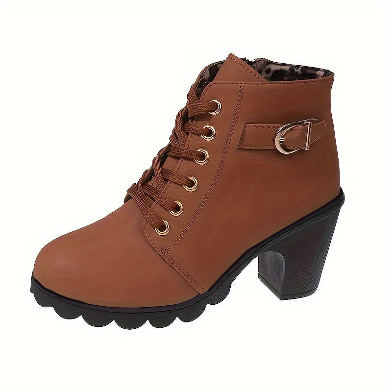 Women's Solid Color Chunky Heel Ankle Boots Lace-Up Short Boots