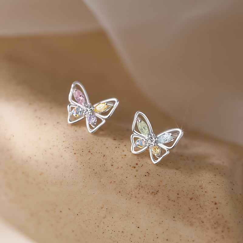 Women Butterfly Stud Earrings Sterling Silver Rhinestone Alloy Jewelry
