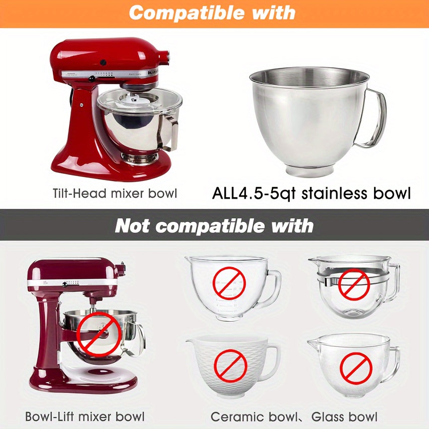 Mixer Pour Shield Attachment for 4.5-5 Quart Stainless Steel Bowls Spill Stopper Dishwasher Safe
