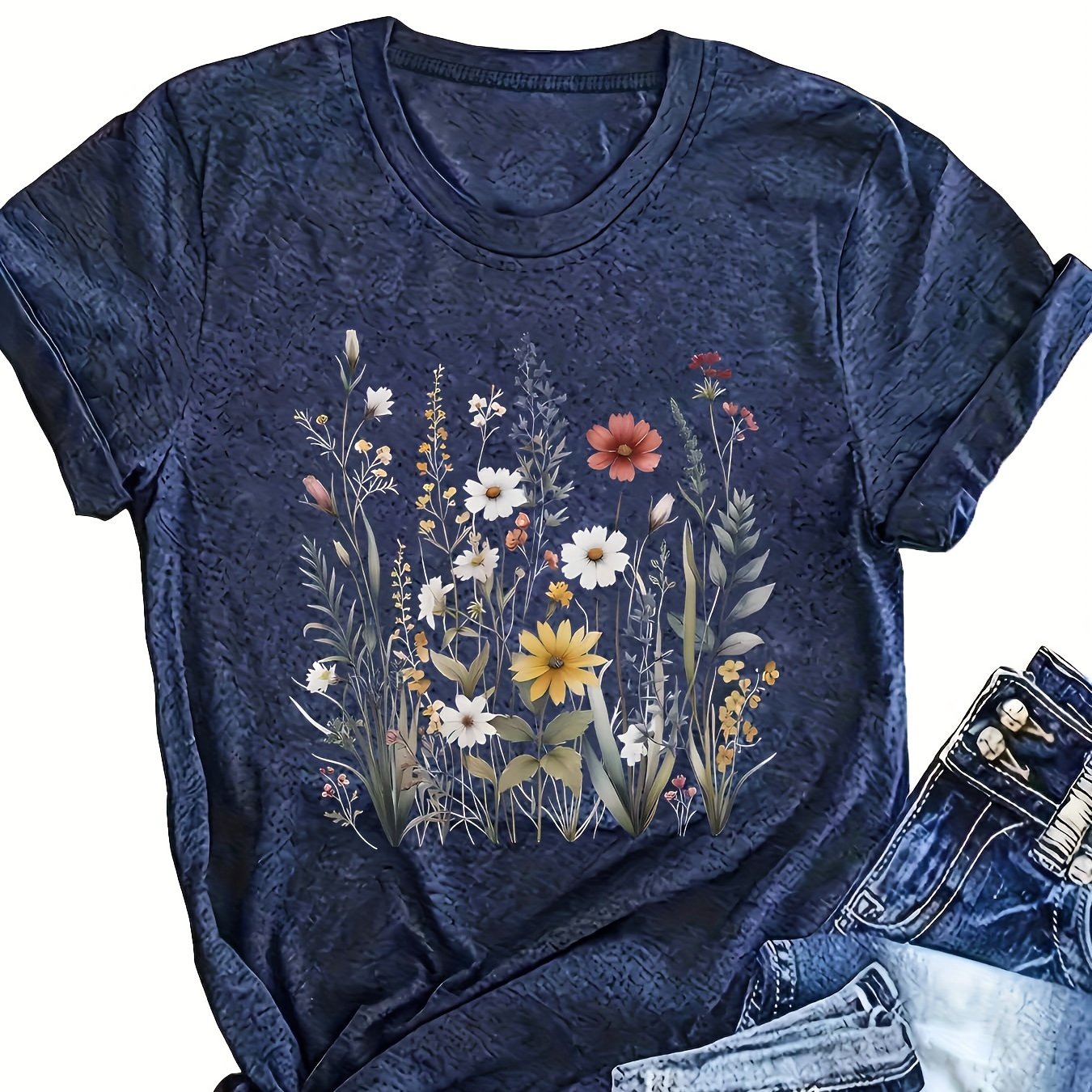 Plus Size Floral Print T-Shirt Polyester Crew Neck Summer Pocket Tee