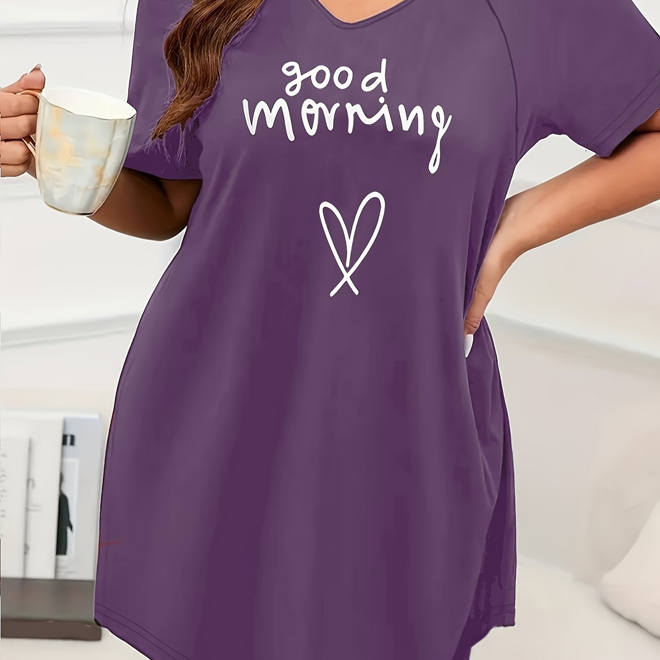 Plus Size Navy Blue Short Sleeve Sleep Dress Lounge Nightgown All-Season