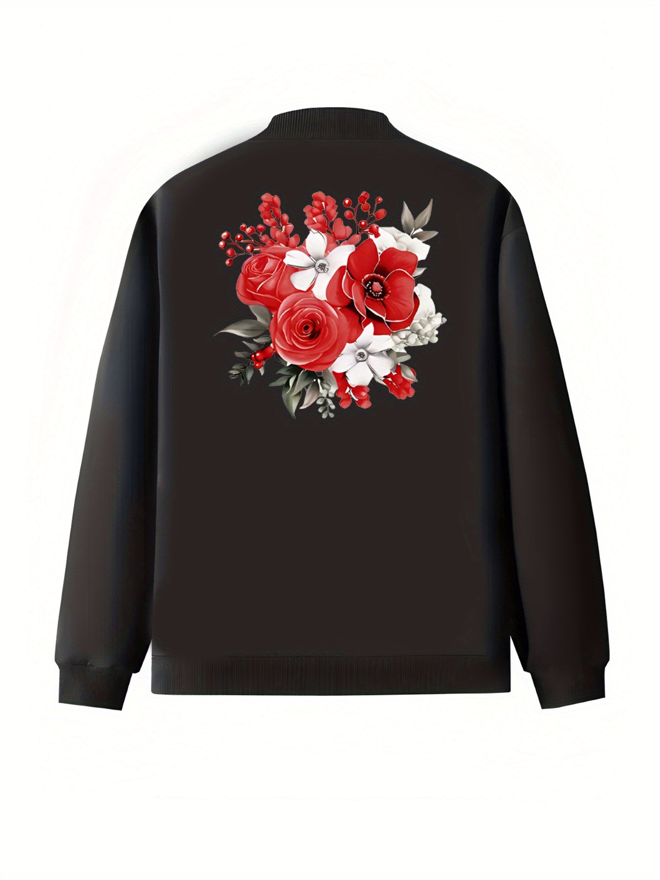 Women's Plus Size Floral Embroidered Bomber Jacket Casual Black with Red Roses