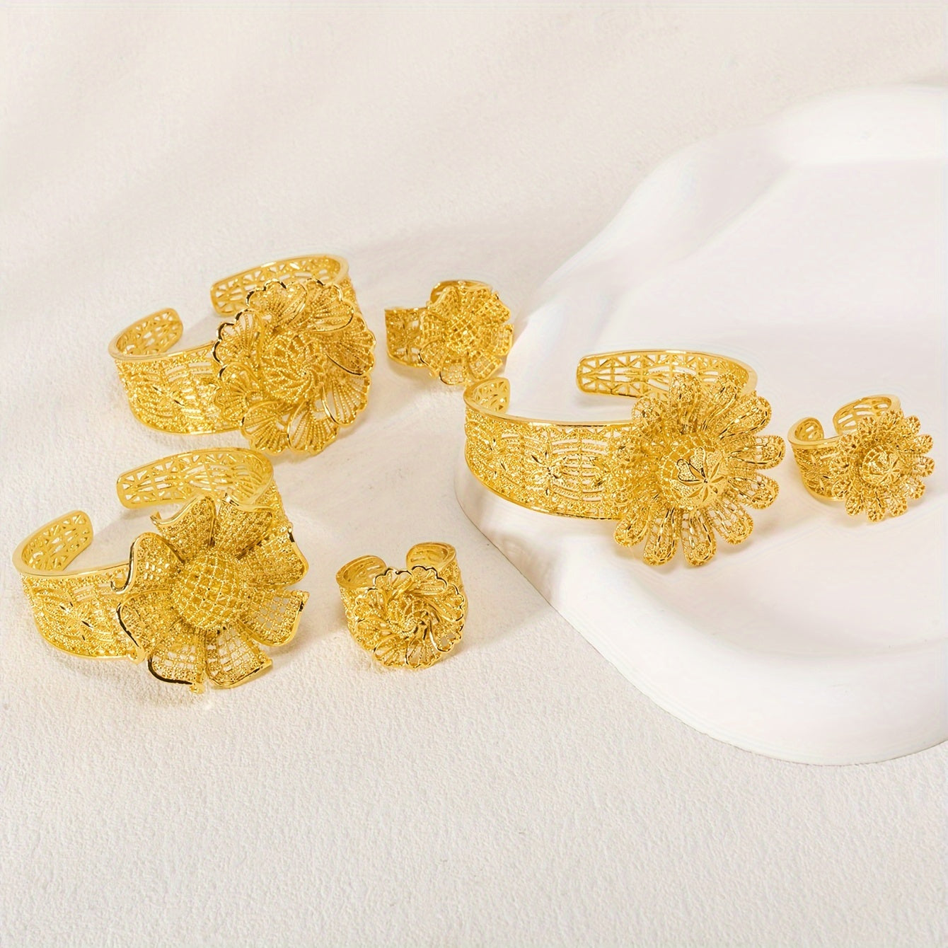 Women Flower Open Cuff Bracelet and Ring Set Alloy Jewelry for Everyday and Formal Wear