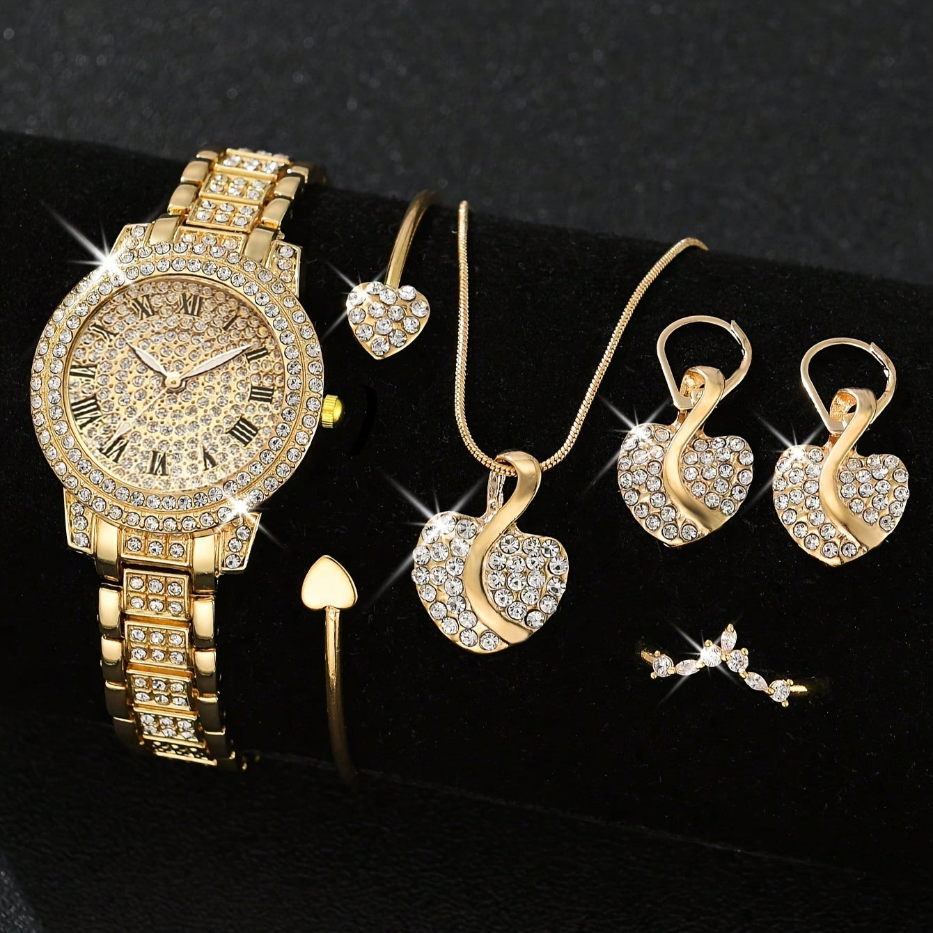 Women's Gold Tone Rhinestone Quartz Watch Set with Jewelry 6-Piece Gift Collection
