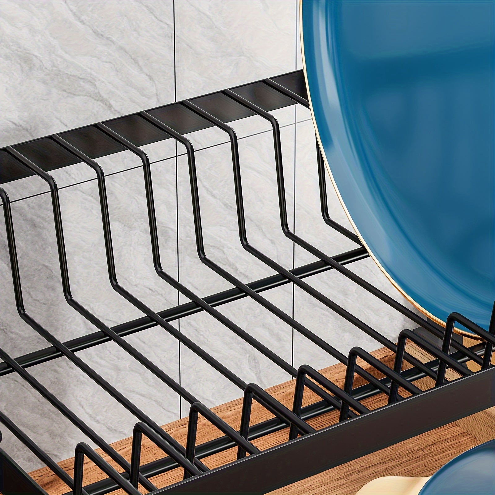 2-Tier Dish Draining Rack with Cutlery Holder Anti-Rust Black Metal Kitchen Organizer