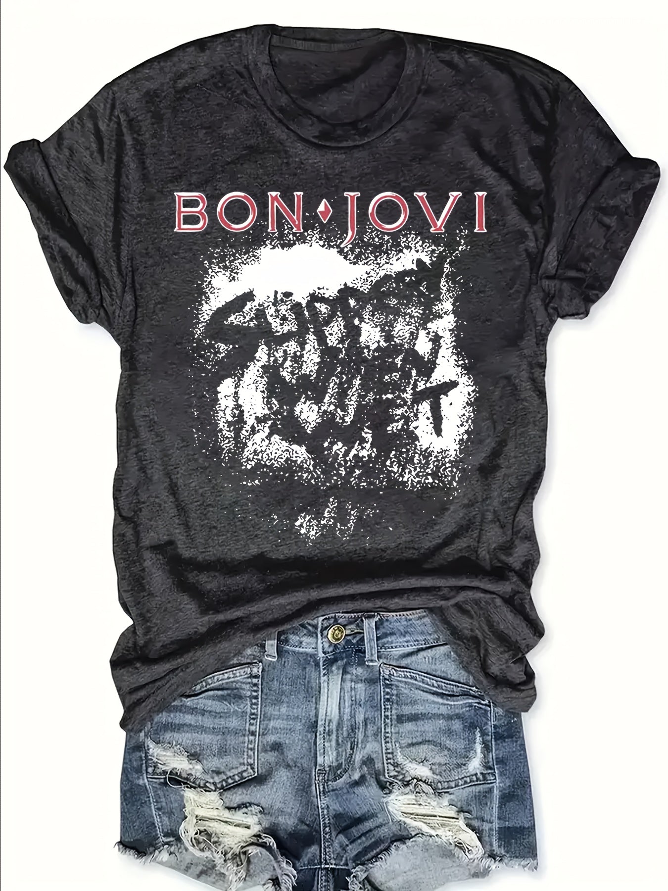 Plus Size Women’s Cotton Graphic T-Shirt with Distressed Lettering and Paint Splatter