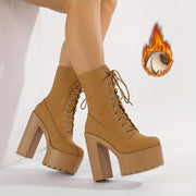 Женские ботинки на платформе до середины икры с блоковым каблуком, шнуровка, зимняя повседневная обувь