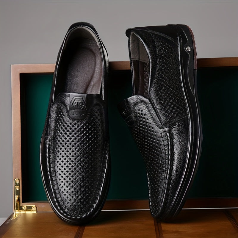 Men's Leather Casual Loafers with Hollow Out Design Slip-On Breathable Wear-Resistant for Outdoor and Office