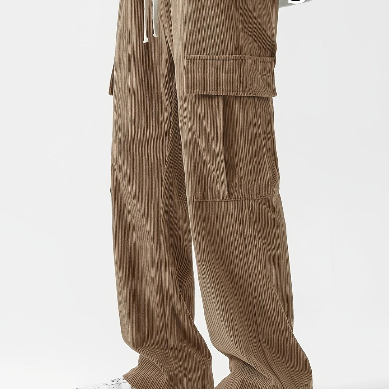 Pantalones cargo de pana gris claro para hombre con múltiples bolsillos y cintura con cordón para otoño e invierno, grandes y altos