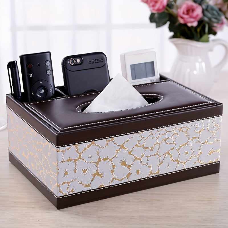 Faux Leather Tissue and Storage Box with Four Compartments Remote Holder Napkin Organizer for Living Room