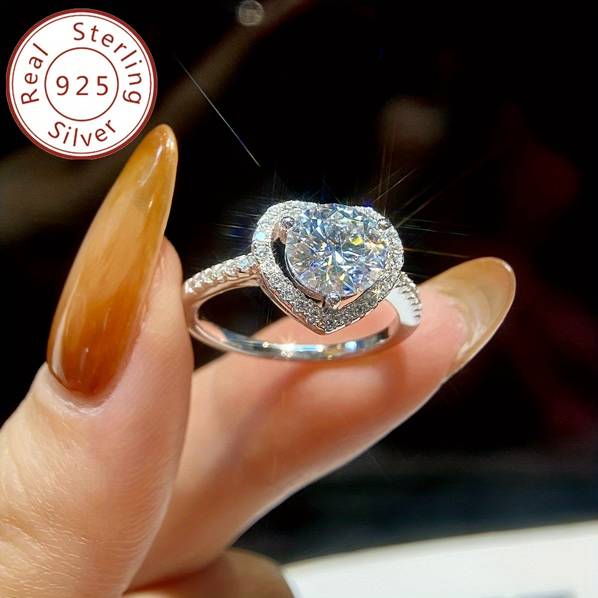 Ladies Silver Promise Ring 1CT Moissanite Heart Hypoallergenic Engagement Wedding Anniversary Valentine