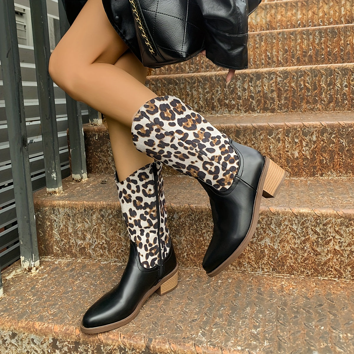 Women's Leopard Print Faux Leather Pointed Toe Boots with Chunky Heel
