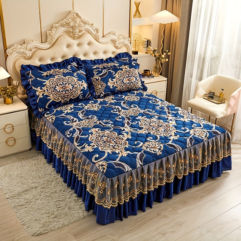 Luxurious Crystal Velvet Bed Skirt Set with Floral Pillowcases Non-Slip Full Coverage