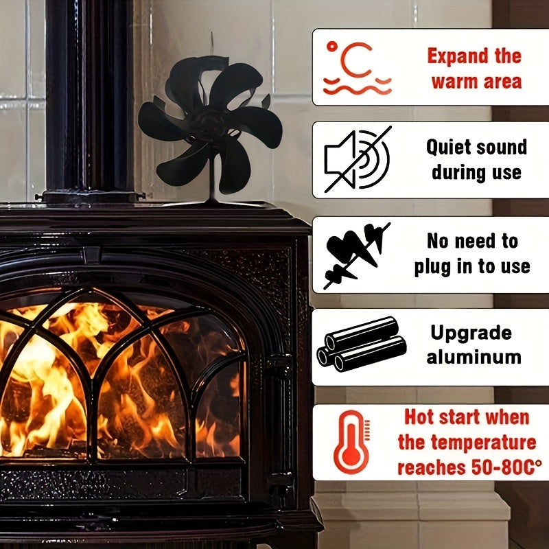 Portable Metal Fireplace Fan 6-Blade Non-Electric Air Circulator for Wood Stoves