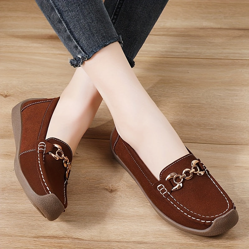 Women's Brown Synthetic Slip-On Loafers with Gold Chain, Round Toe