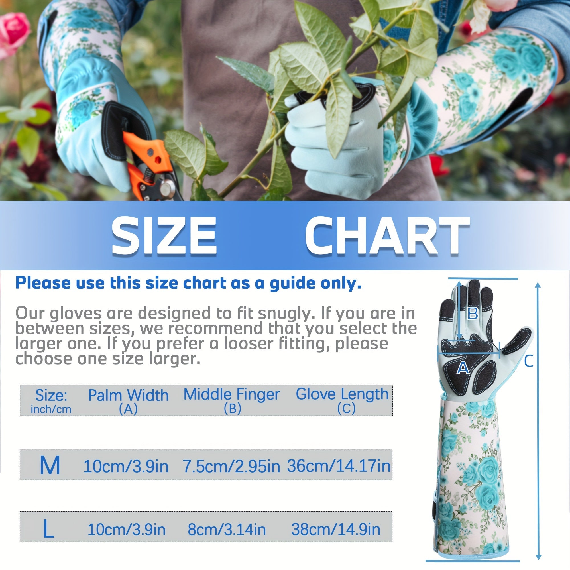 Guantes largos de jardinería para mujer, poliéster, a prueba de espinas, transpirables, con estampado floral azul