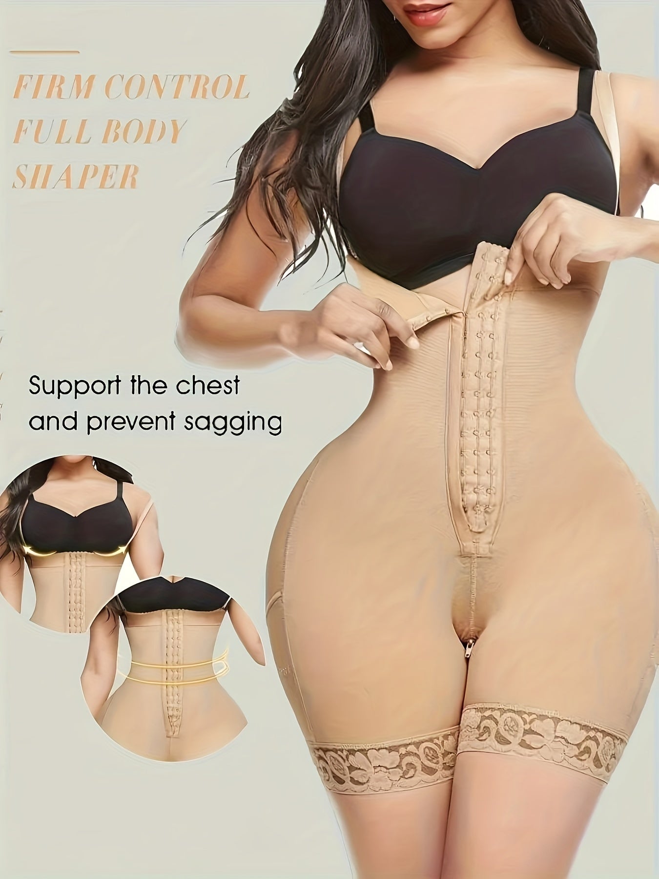 High-Waist Shapewear Bodysuit with Zipper and Hook Closure for Tummy Control and Waist Slimming