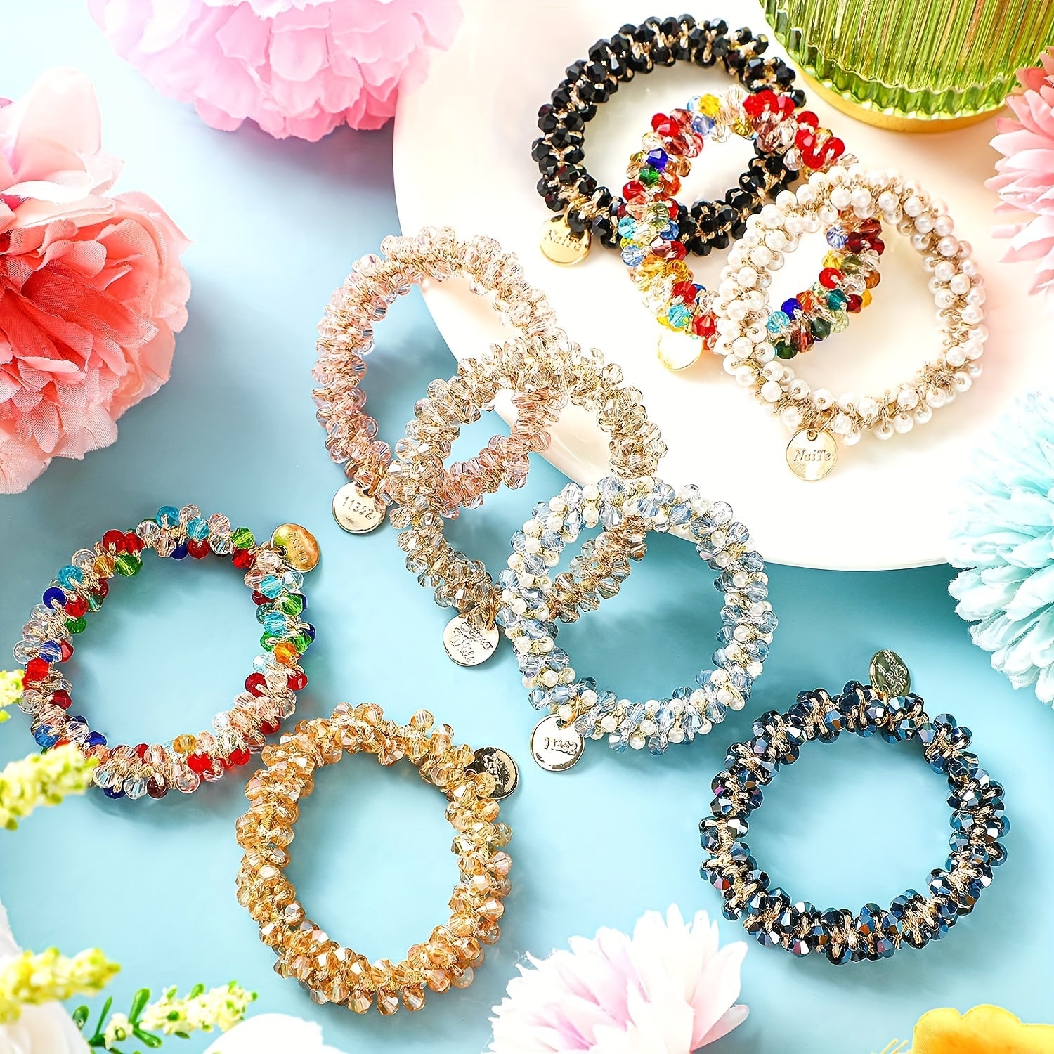 Set of 9 Crystal Beaded Elastic Hair Ties for Ponytails Boho Style Hair Accessories