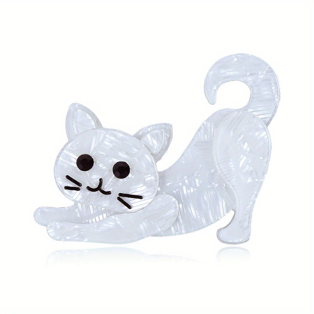 Acrylic Cat Brooch White Gray Blue Floral Design Handmade Jewelry for Women