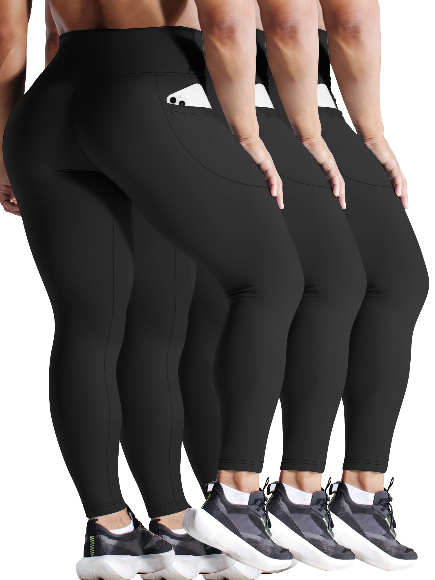 Plus Size Women’s Tummy Control Yoga Pants Set of 3 High Waist Pockets