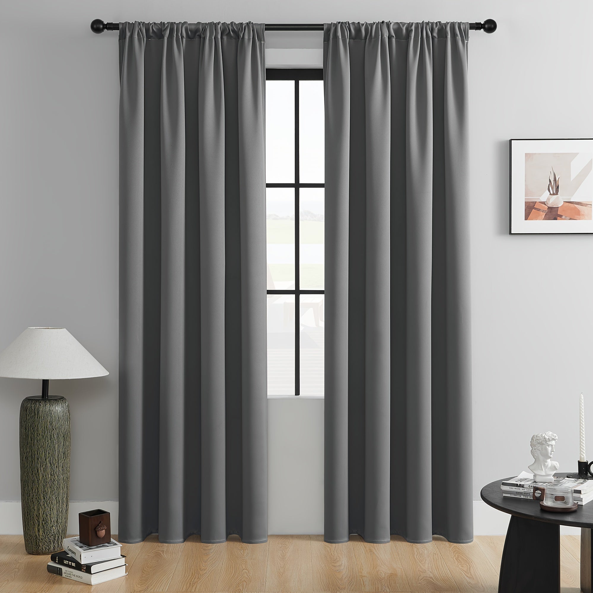 Blackout Curtains 2 Panels Polyester Blend Indoor Outdoor Heat Insulation Modern Black