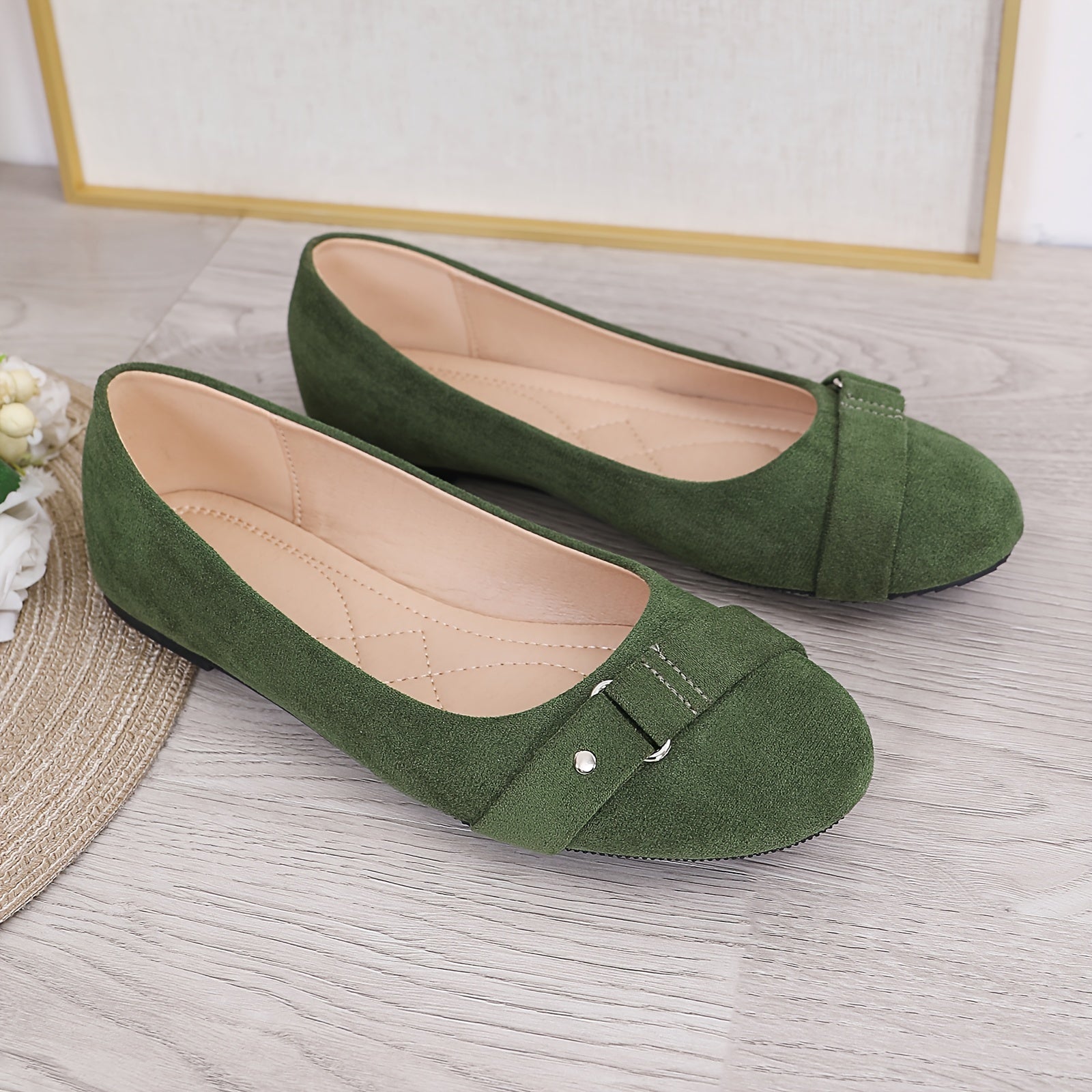 Women Black Flannel Slip-On Ballet Flats with Ankle Strap Casual Shoes