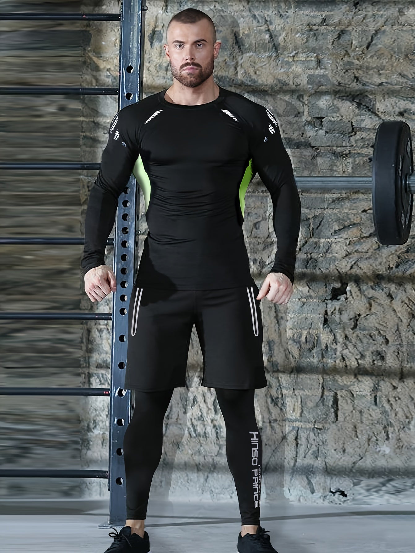 Men's Athletic Set Quick-Dry Stretch Compression Gear Long Sleeve Top Shorts Jacket Leggings Black Green
